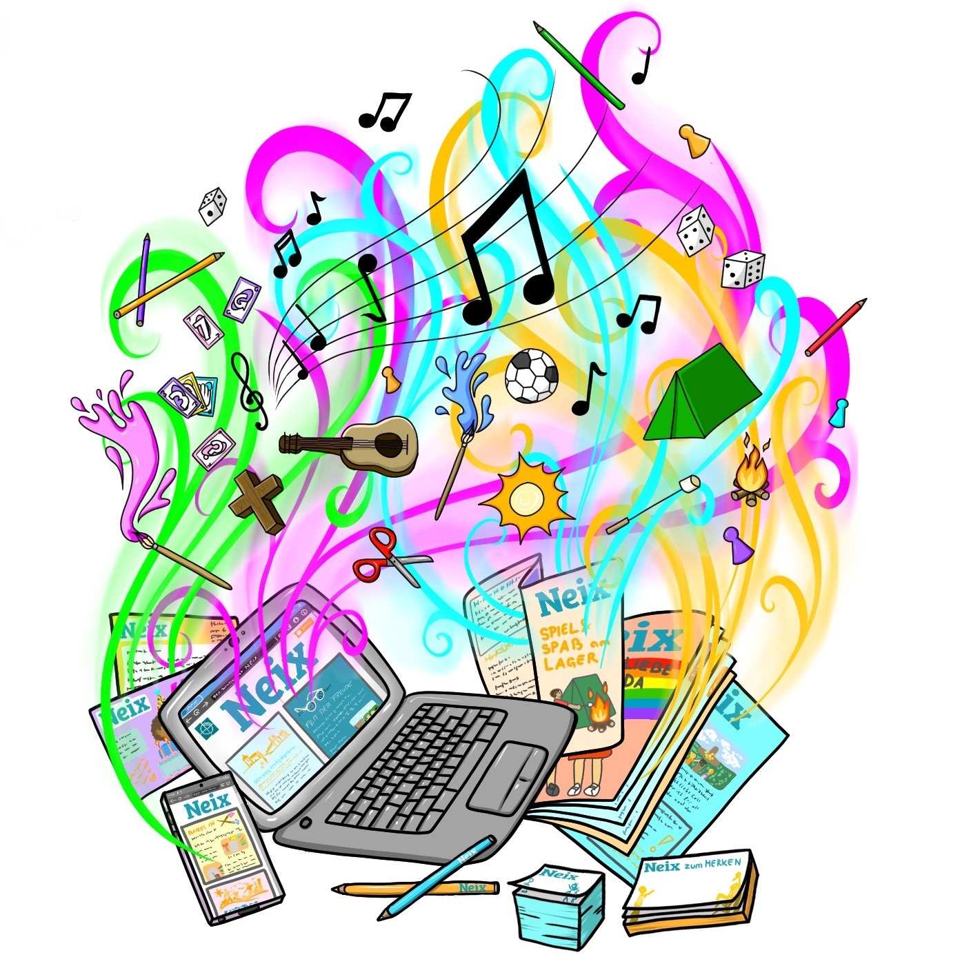 Laptop, Zeitschriften, Gitarre, Zelt, Fußball, ...